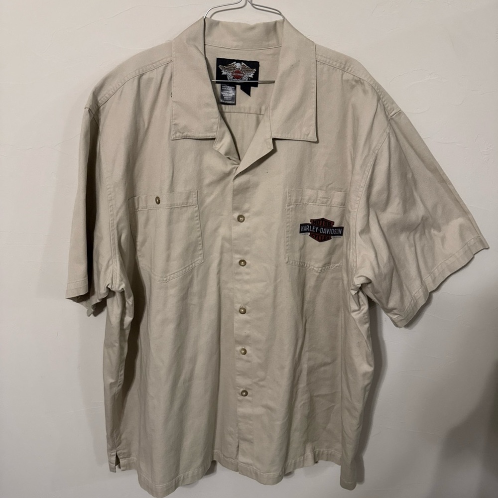 Harley-Davidson Khaki Men's Button-Down Work Shirt Genuine Oil Logo 3XL POLO